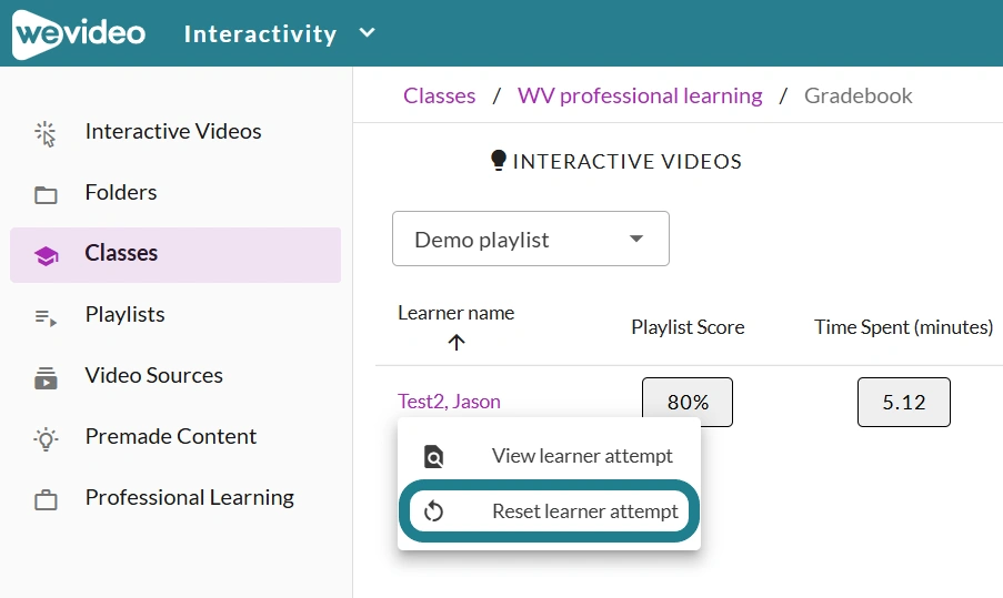 The Reset learner attempt option on the playlist monitor page.