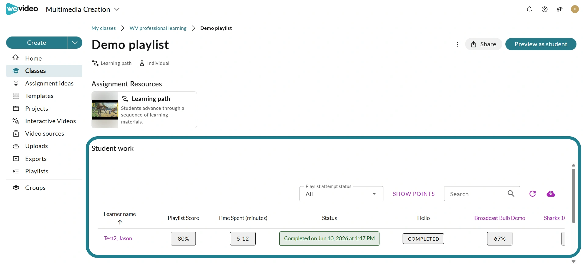 The monitor page for the playlist in the assignment details page.