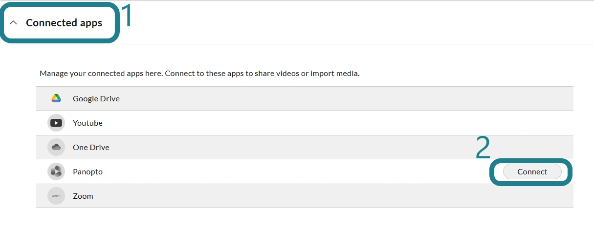 The Panopto option in the Connected Apps section on the account settings page.