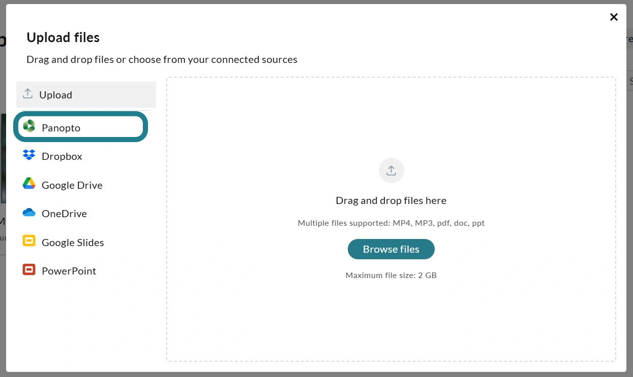 The Panopto option in the media picker