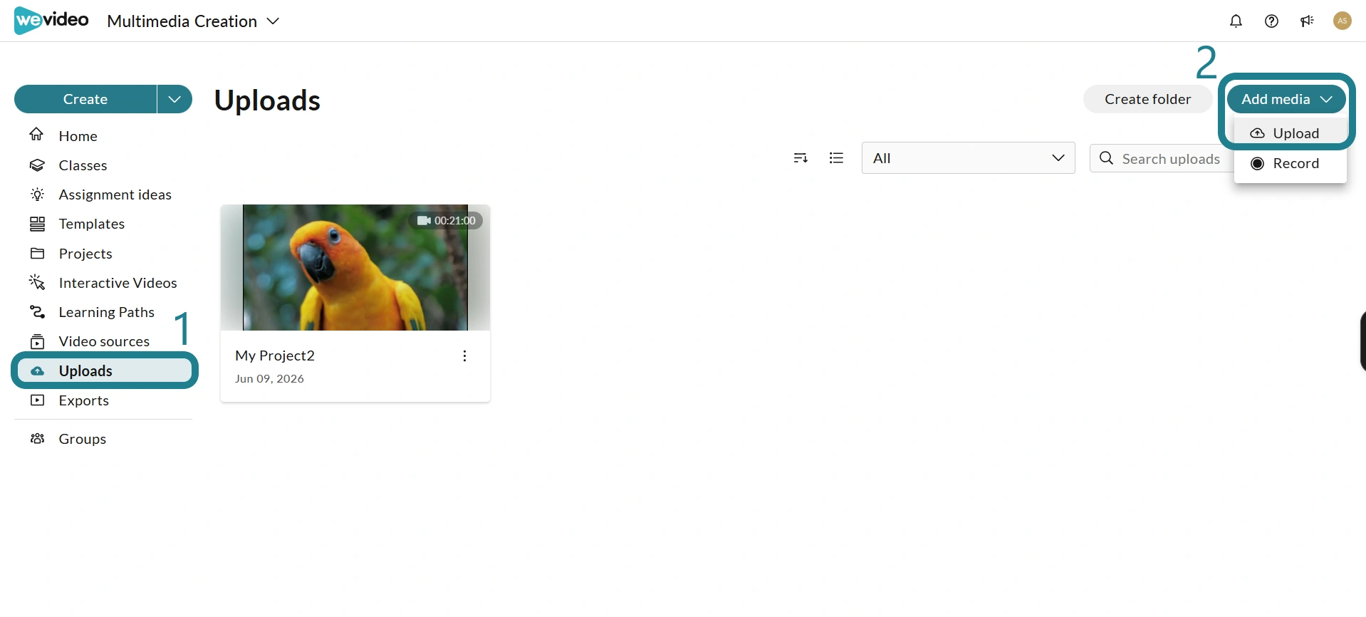 The uploads page in WeVideo Multimedia Creation space