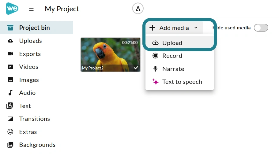 The add media option in the WeVideo video editor.