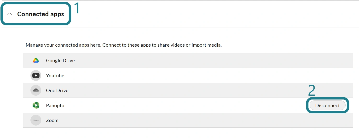 The disconnect button for the Panopto integration in the Connected Apps section on Account settings page