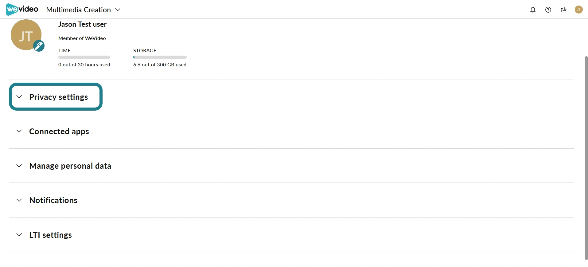 The privacy settings category on the account settings page