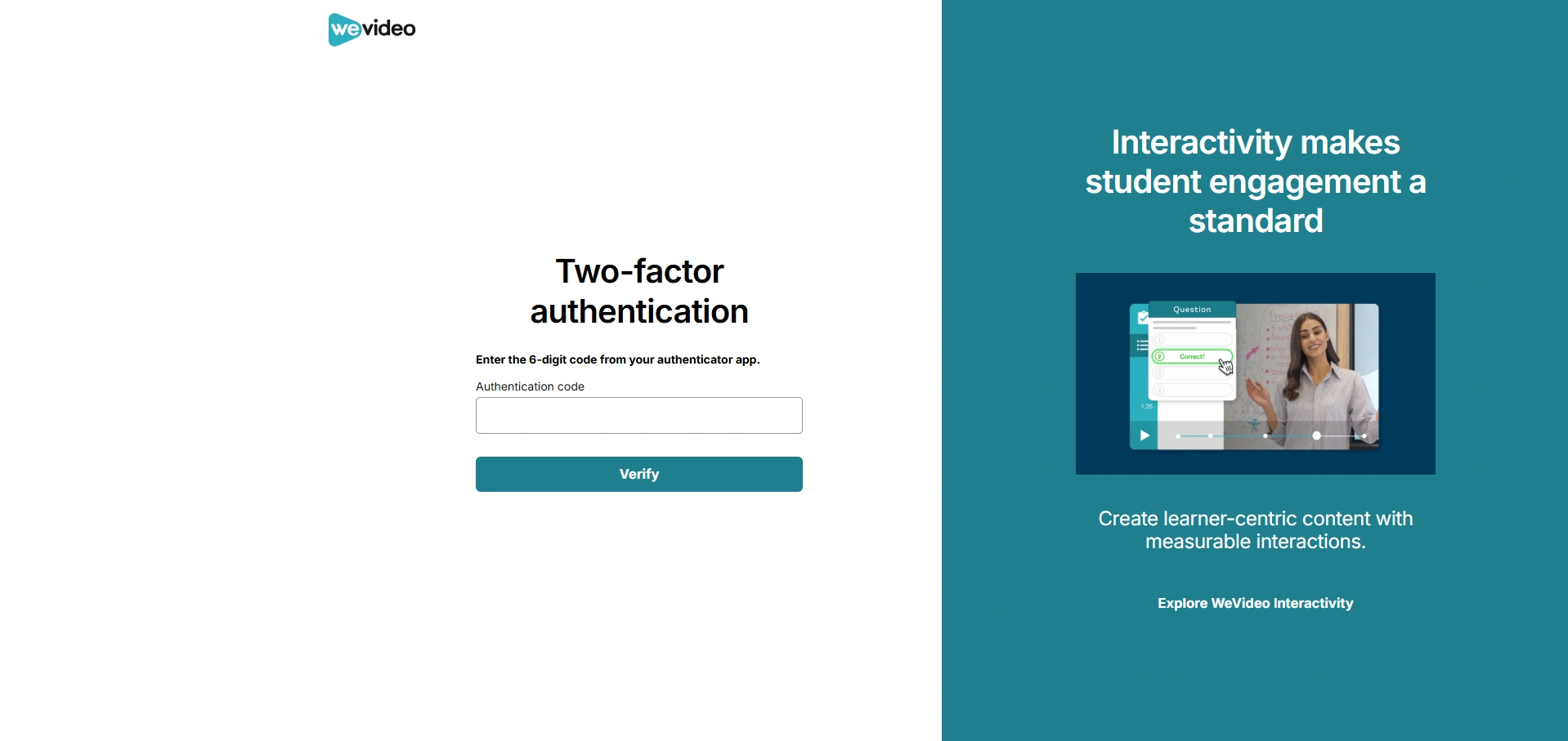 The WeVideo Two-factor authentication page