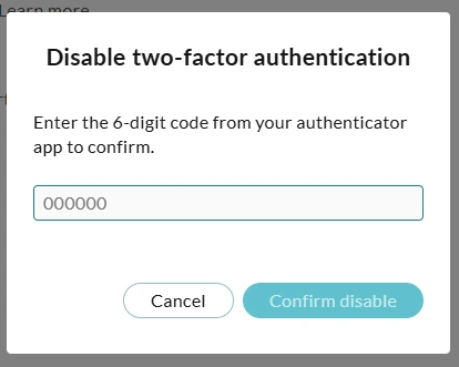 The disable two-factor authentication window