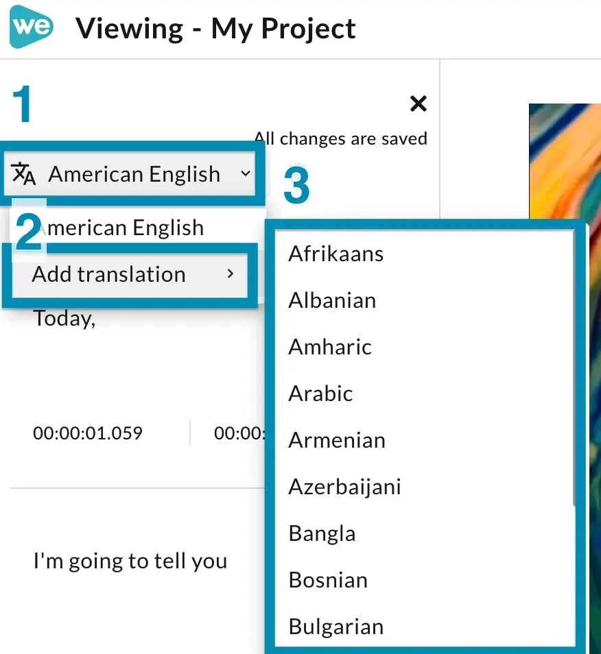 The translate button is marked as the first step, the Add translate option as the second, and then the user can select a language from a list of supported languages.