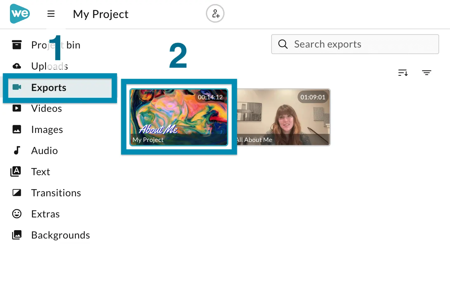 The exports tab on the left sidebar is marked as the first step, and the exported project is marked as the second step.