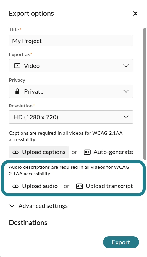 The add audio description option in the export options panel