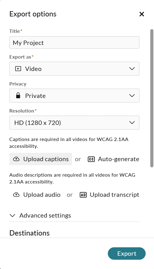 The export options for WeVideo projects
