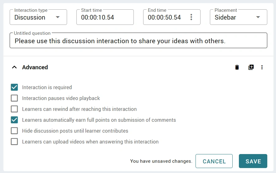 The advanced settings for the discussion.