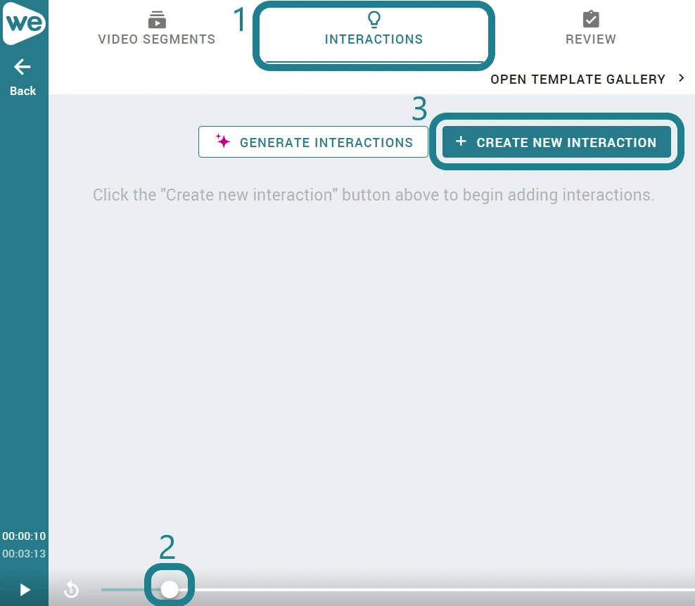 The create new interaction button in the interactive video editor