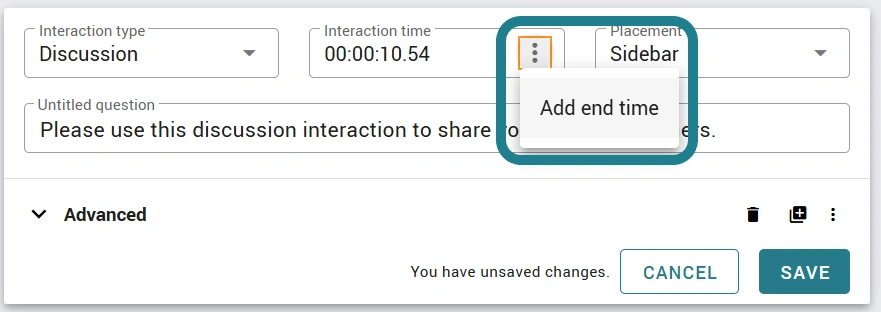 Select the add end time option for the interaction