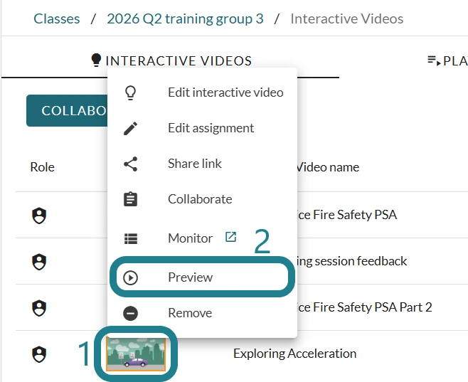 The preview option for the interactive video in the class.