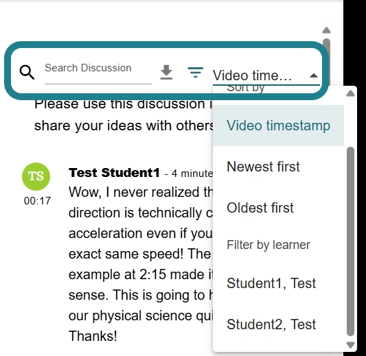 The search, filter, sort, and export options for the discussion.
