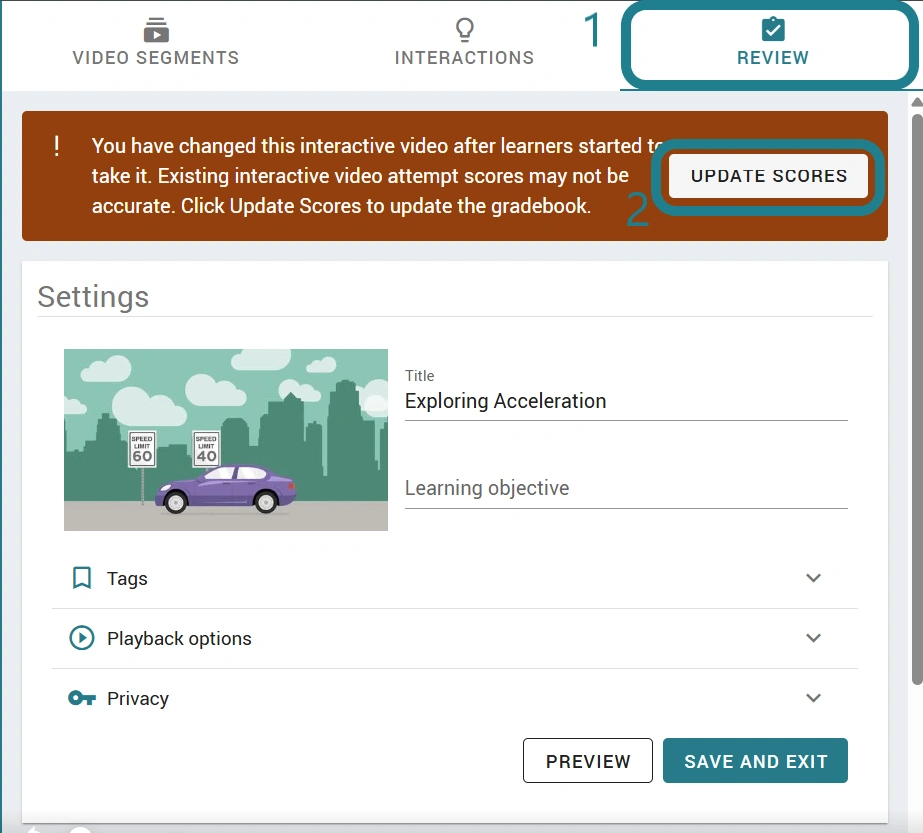 The update scores button in the review tab of the interactive video editor