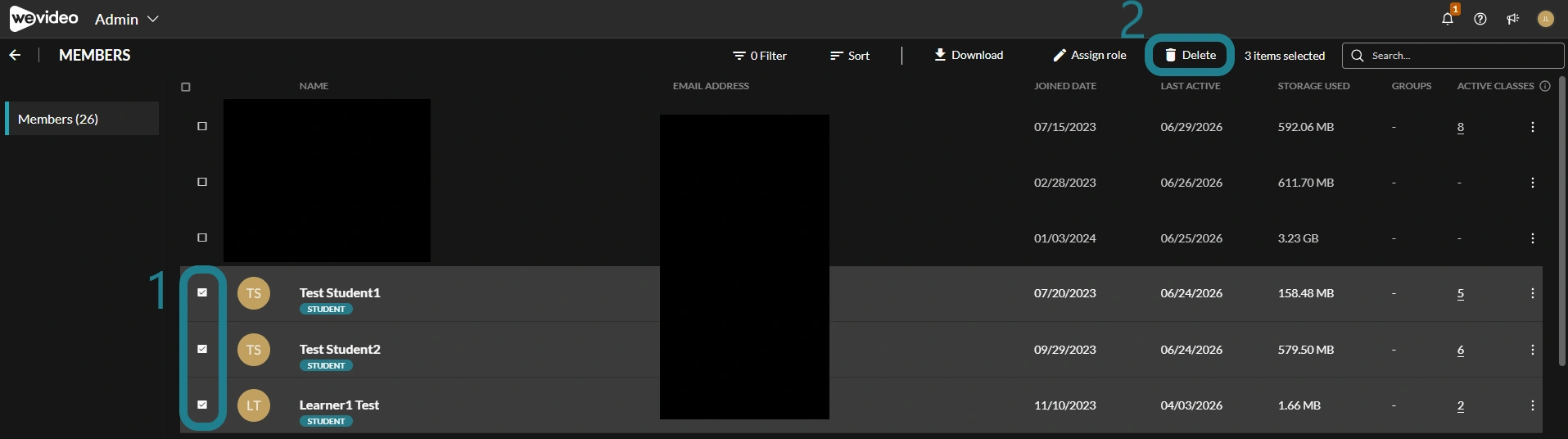 Select the users then click the delete button to remove them.