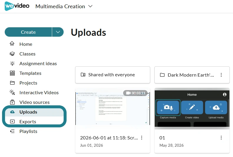 The uploads or Exports option in the WeVideo Multimedia Creation space.
