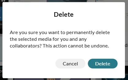 Confirmation window for deleting files from WeVideo.