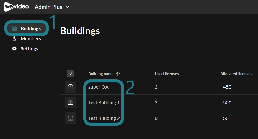 Select a building from the Buildings page in the Admin Plus