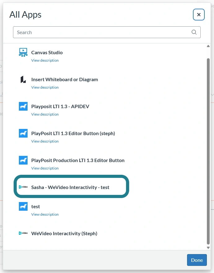 The WeVideo LMS integration in the Apps list.