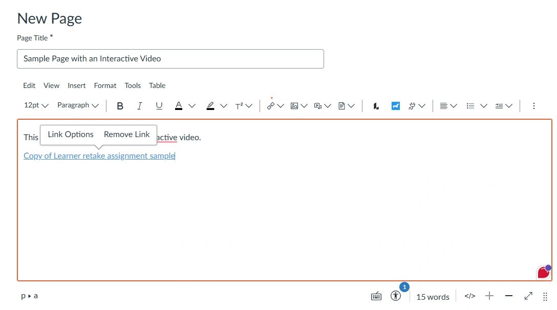 The linked content is displayed as a hyperlink.
