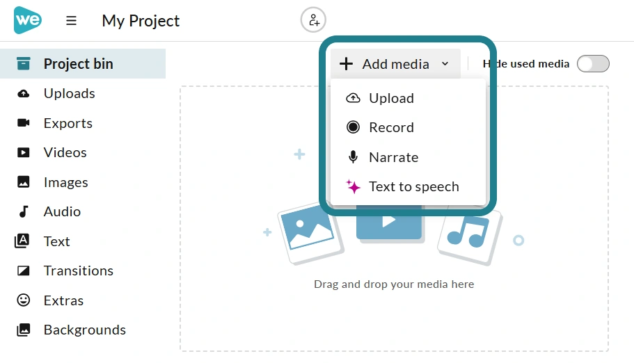 The add media drop-down menu in the WeVideo project editor.