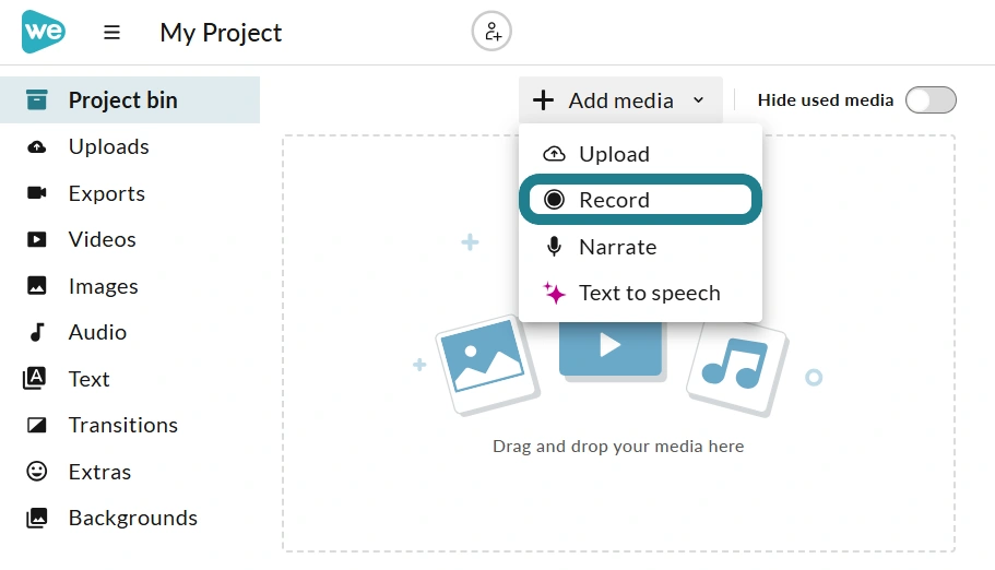 The record option in the add media menu.
