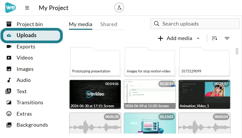 The uploads tab in the project editor.