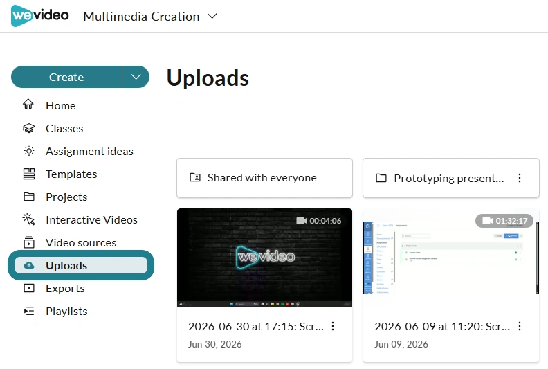 The uploads page in the multimedia creation space.