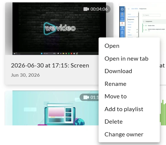 The action menu for the uploaded recordings.
