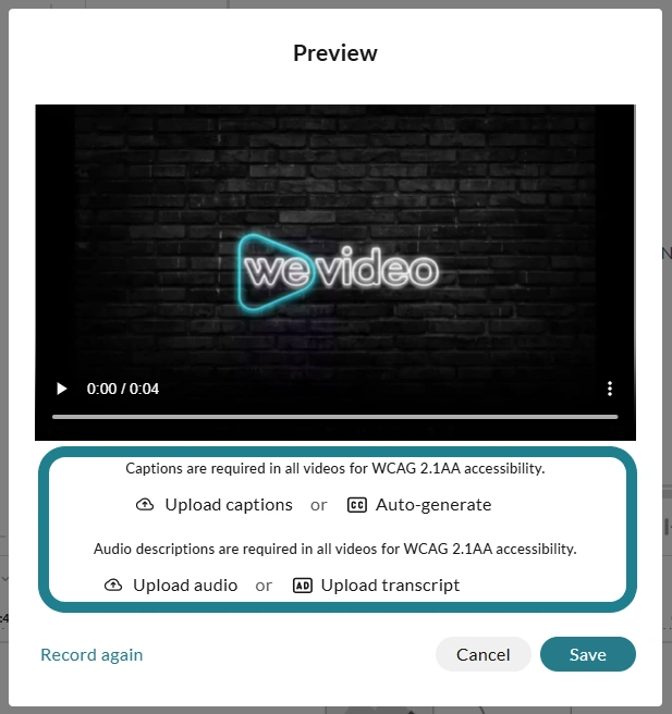 The captions and audio descriptions option for the finished recording.