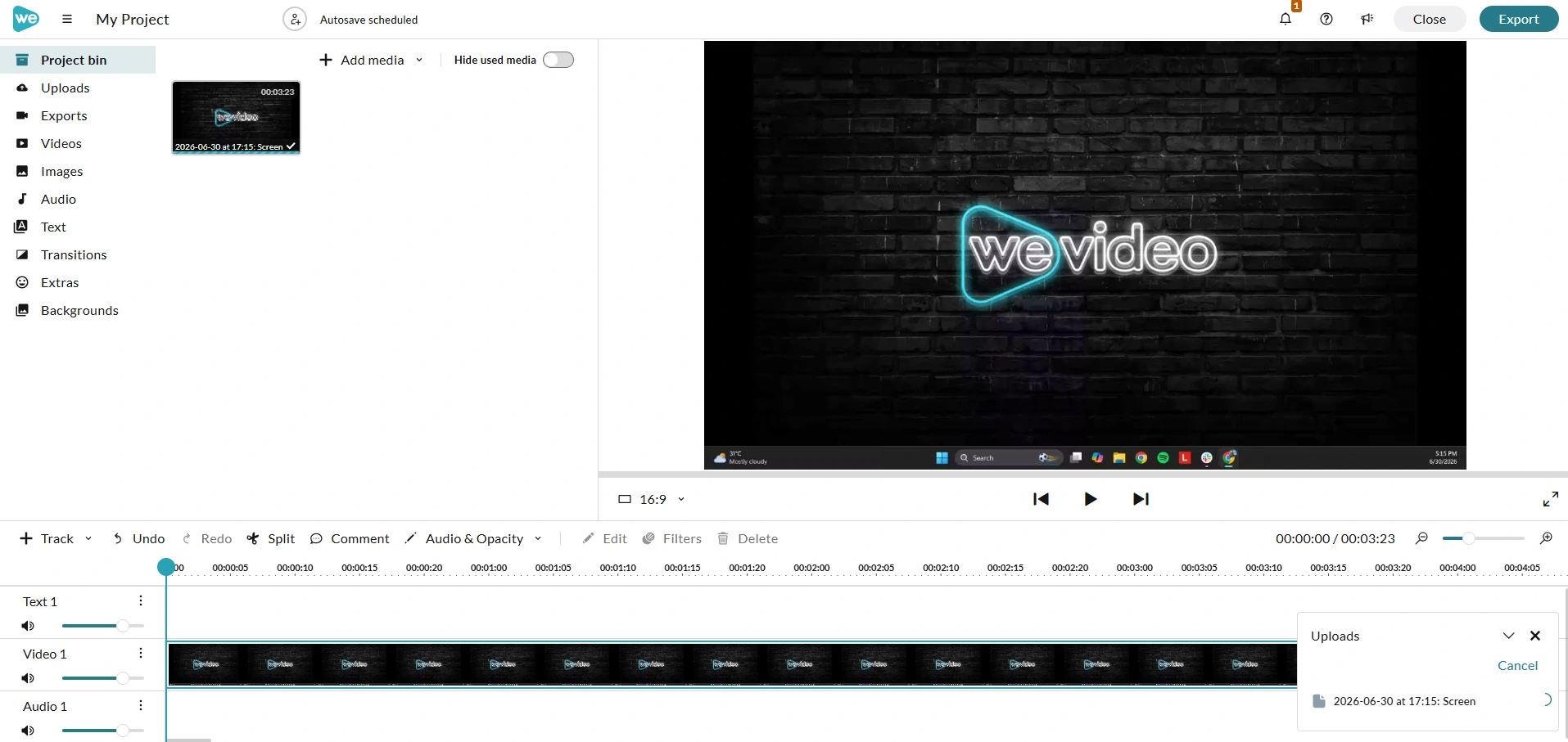 The recording will appear in the project bin and the timeline after saving.