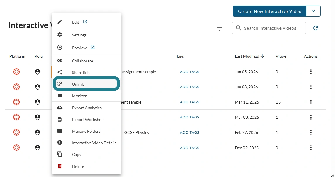 The unlink option in the interactive content's actions menu