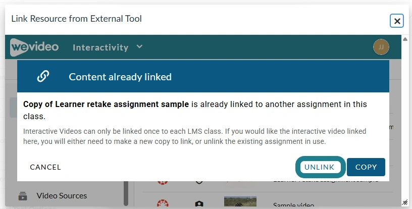 The warning message for the content that has been linked to other assignment.