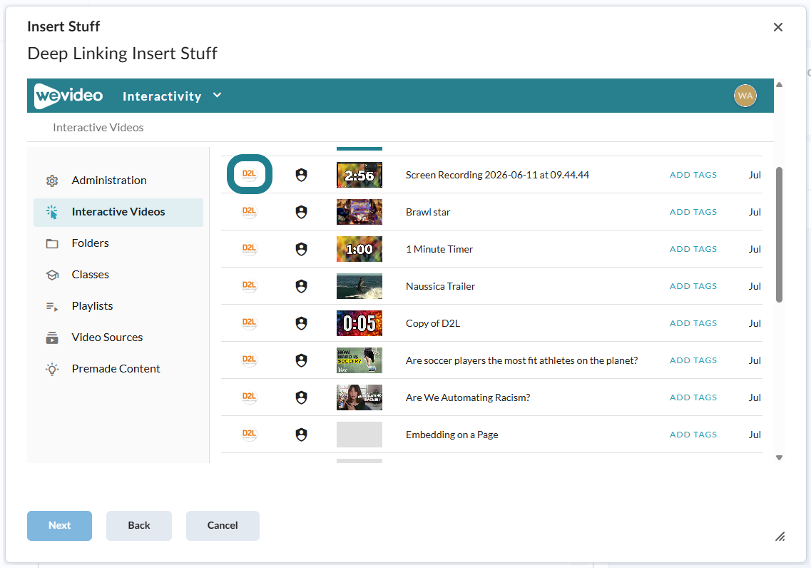 The D2L icon next to the interactive video