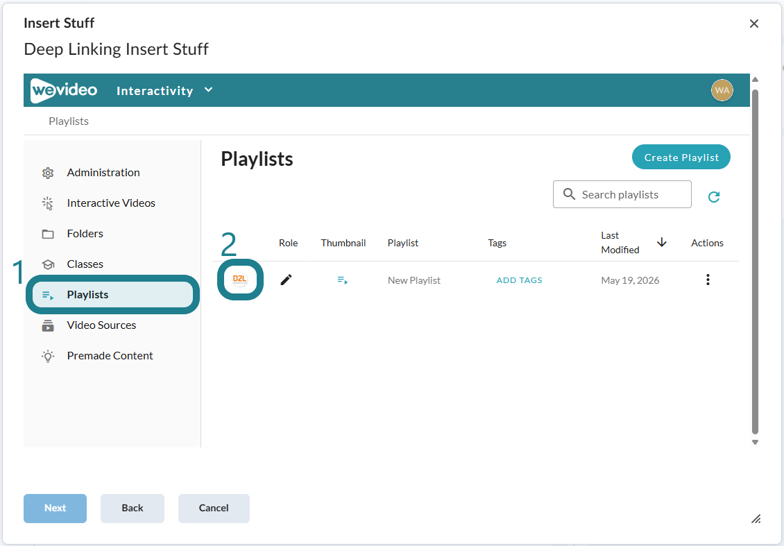 The D2L icon next to the interactive playlist