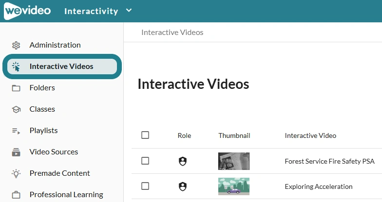 The interactive videos page in the Interactivity space