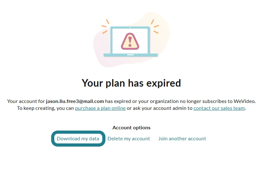 The account expiration page with the download data option.