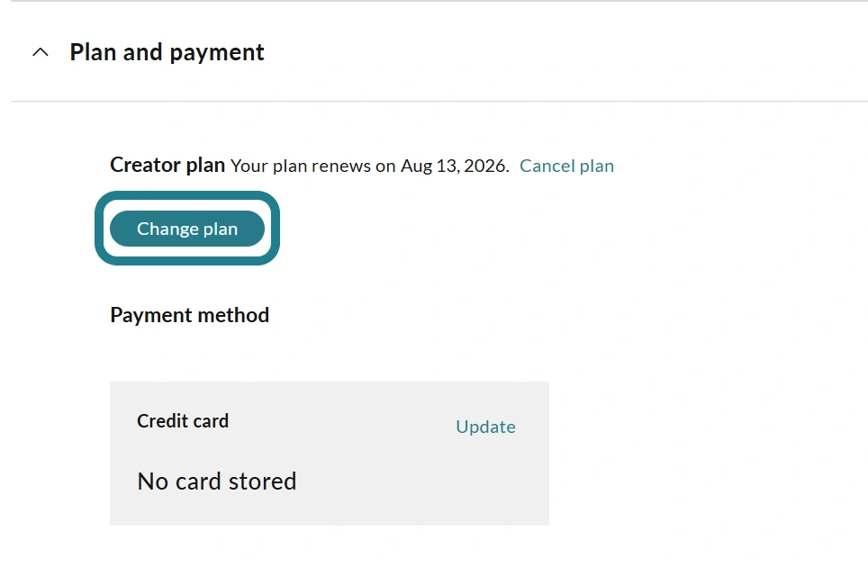 The change plan button in the plan and payment section