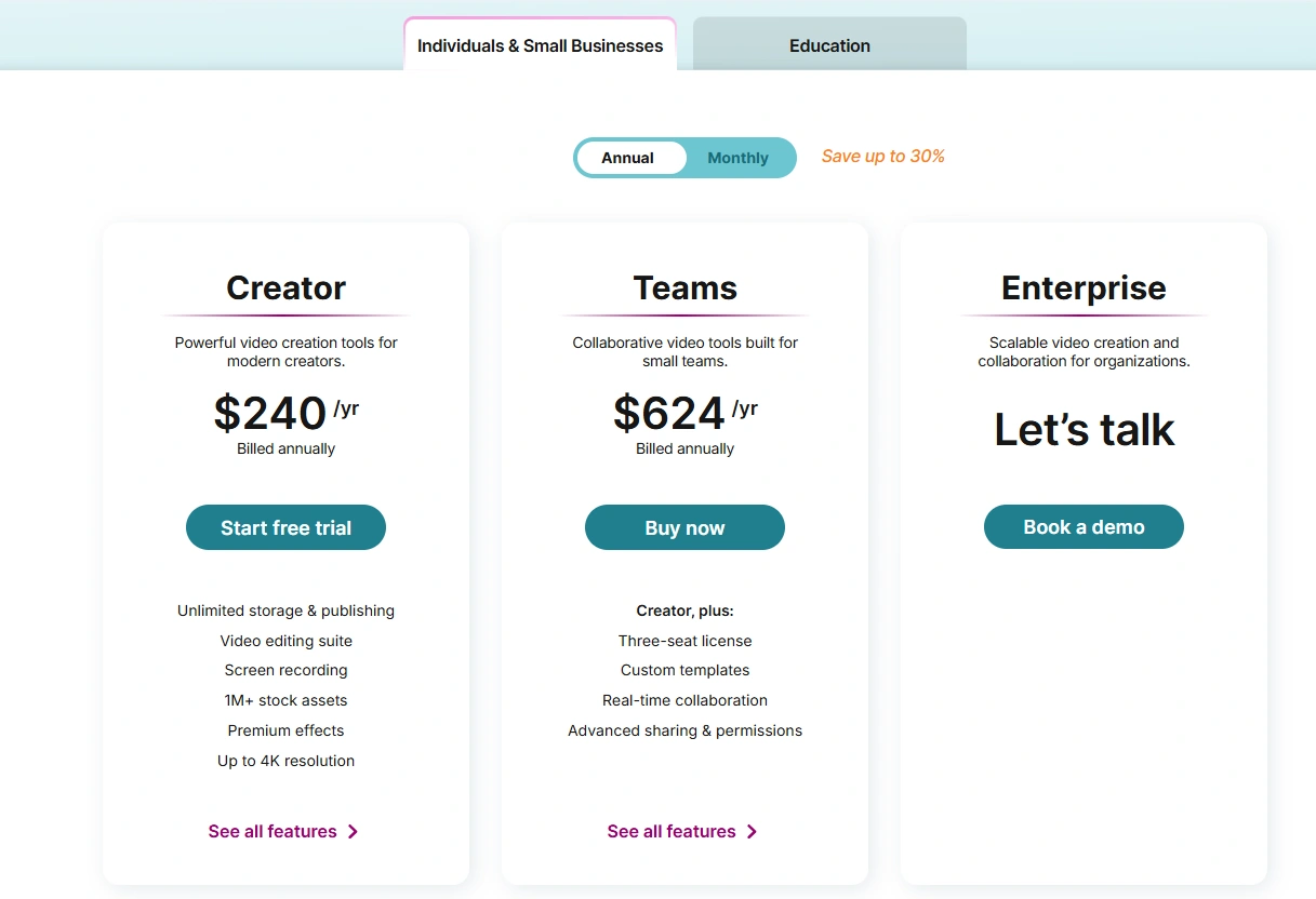 The plans page in WeVideo