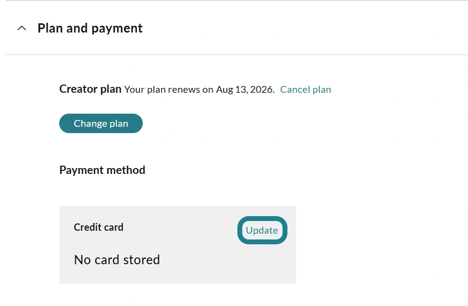 The update card information option under the plan and payment section