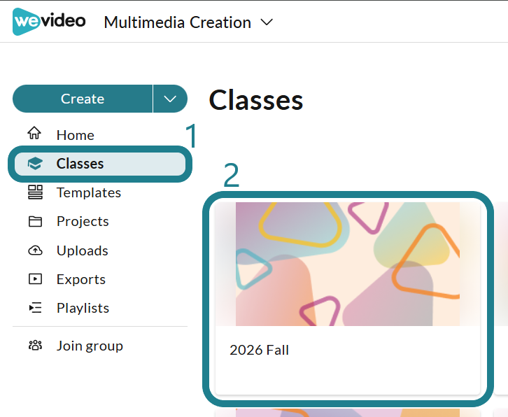 The classes page in the Multimedia Creation space.