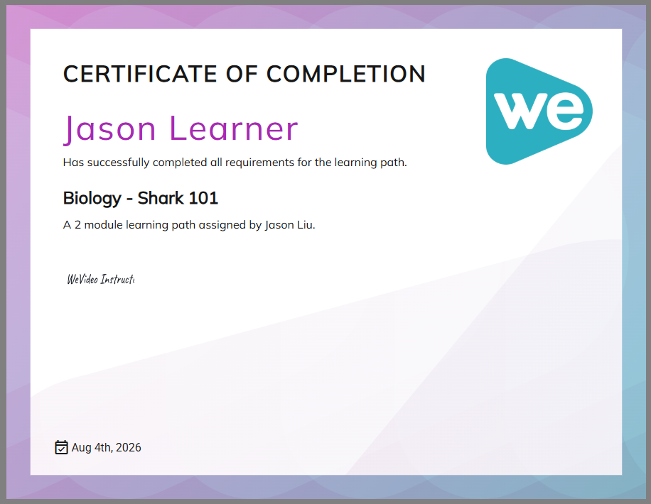 The sample certificate of completion.