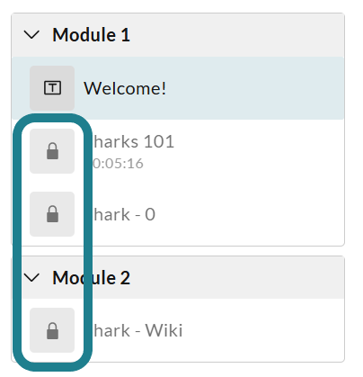 The items in the learning path are locked if the instructor enables the lock progression option.