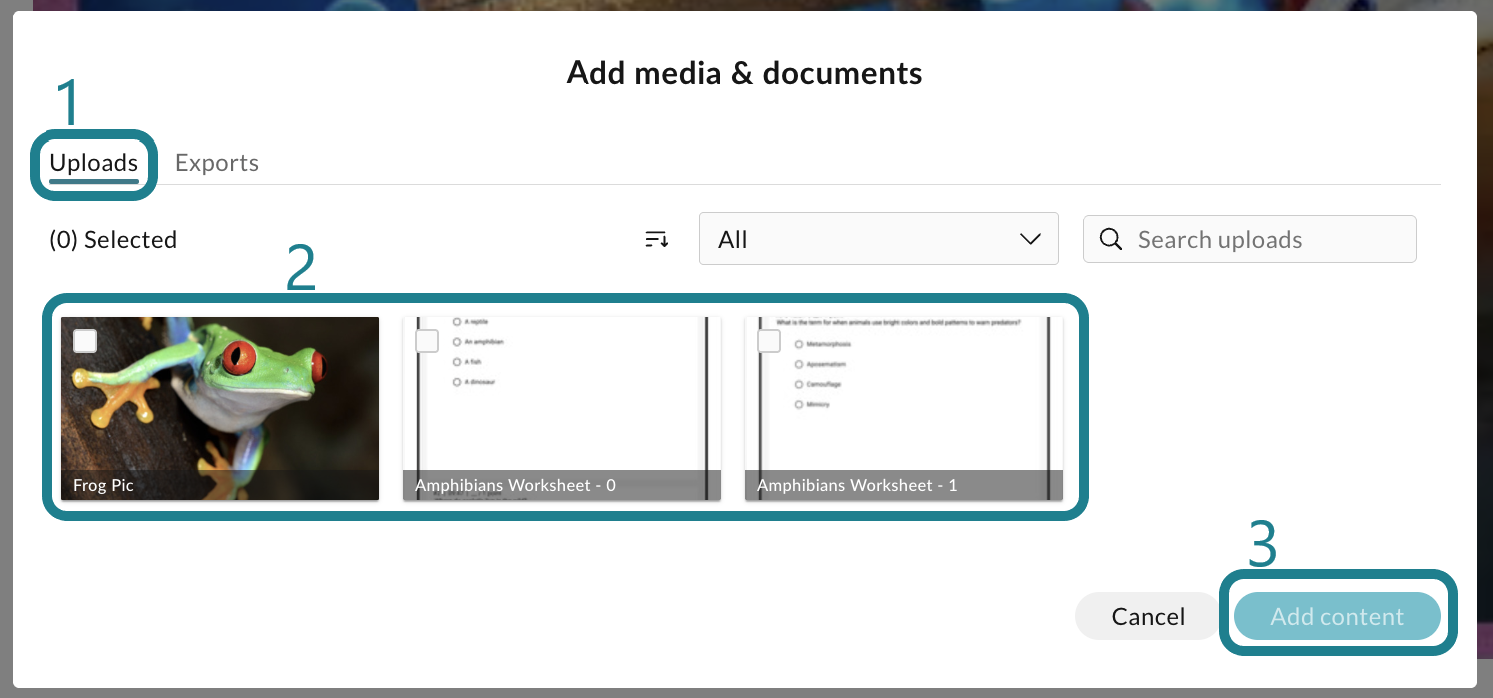 Select the uploaded media from the uploads tab, then click the Add Content button to add it to the learning path.