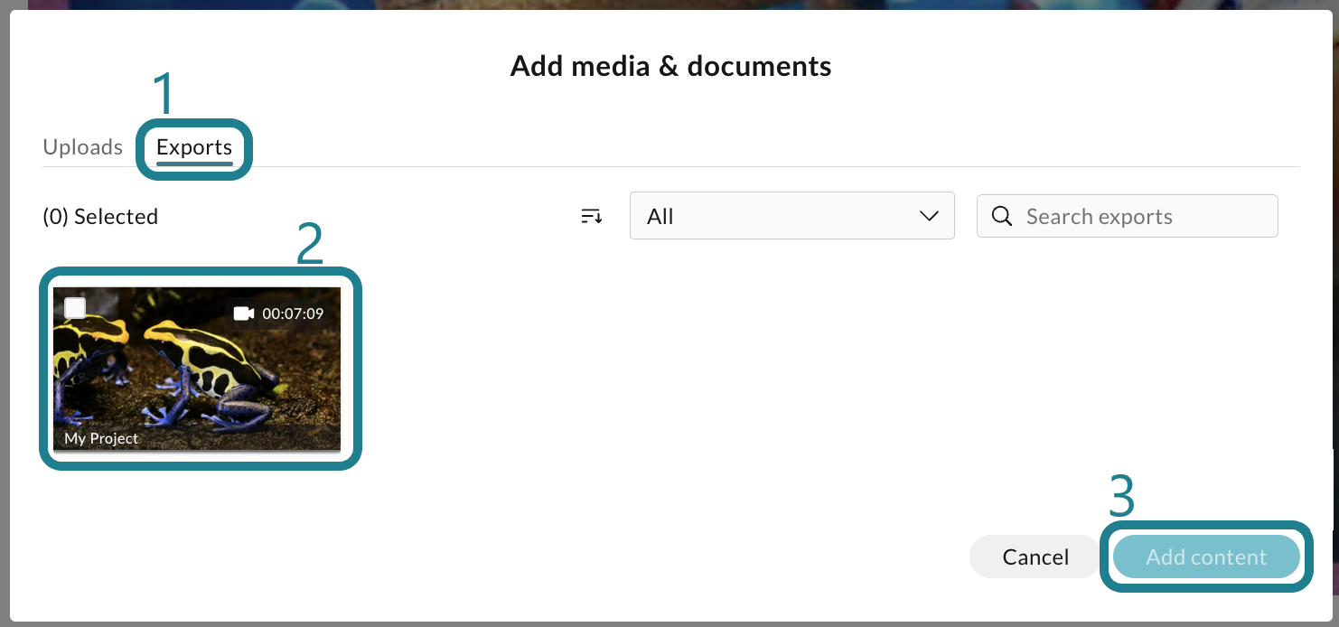 Select the exported media from theexports tab, then click the Add Content button to add it to the learning path.