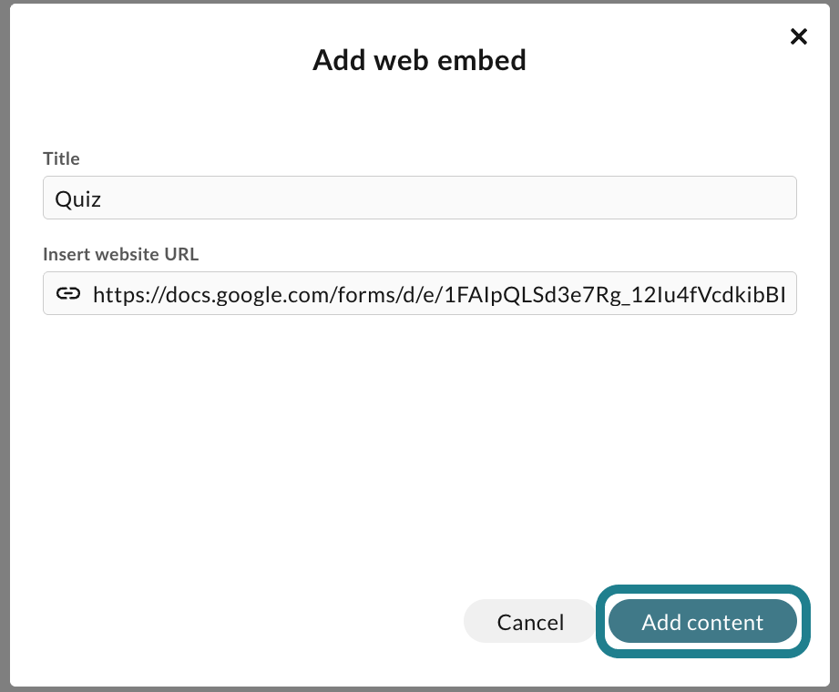 Enter the title and URL for the web embedded item, then click the Add Content button to add it to the learning path.