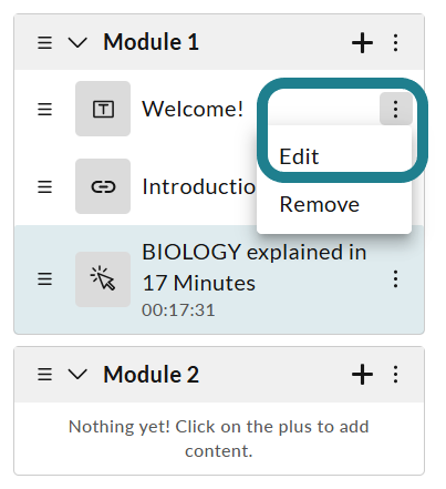 Click the triple-dot action button, then select Edit for the text or web embed items to rename them.