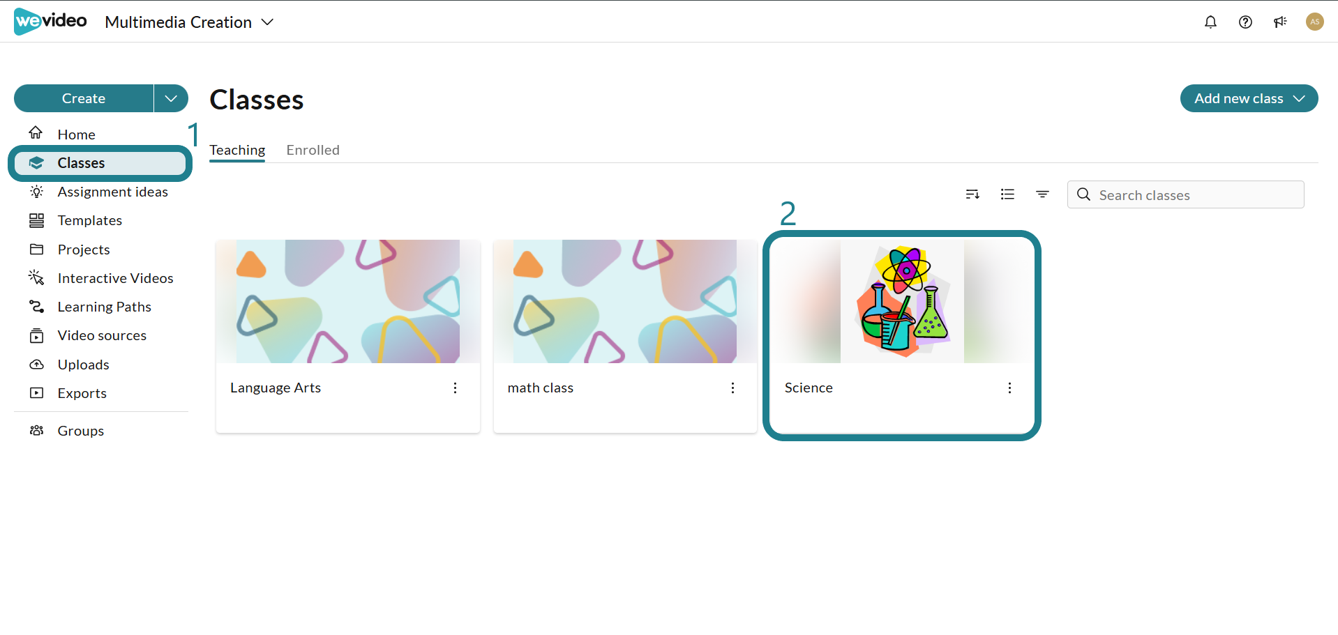 Navigate to the Classes page in WeVideo Multimedia Creation, then click the class where the learning path was assigned.